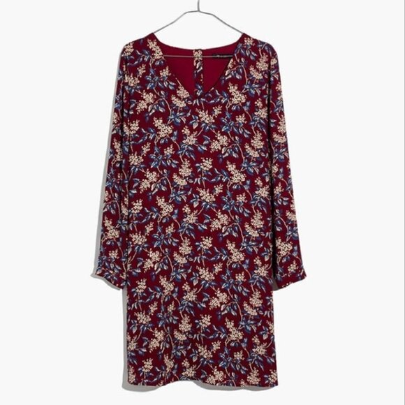 Madewell Burgundy Red Antique Floral Long Sleeve V-Neck Button-Back Shift Dress - Picture 7 of 16